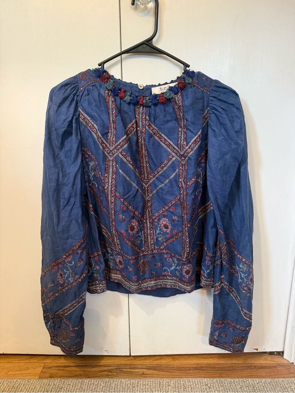 Sea New York Indigo Floral Embroidered Long-Sleeve Blouse